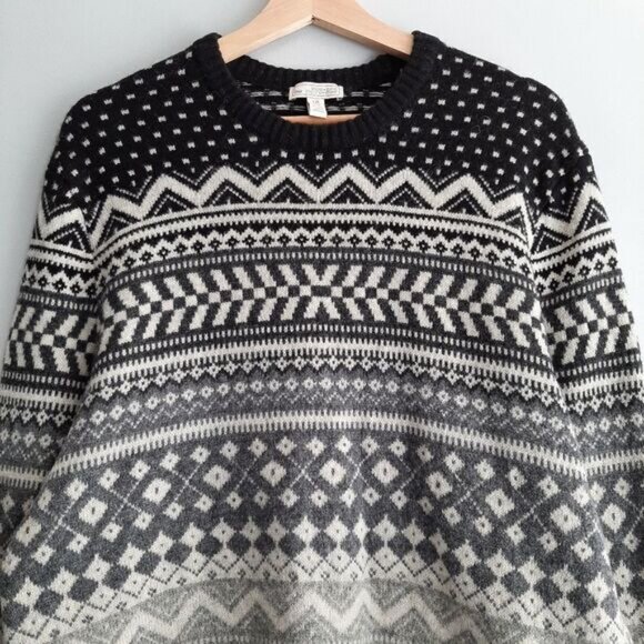 GAP Lamb Wool Blend Nordic Ombre Fair Isle Sweater Knit Gray & White Sz L - Picture 2 of 11